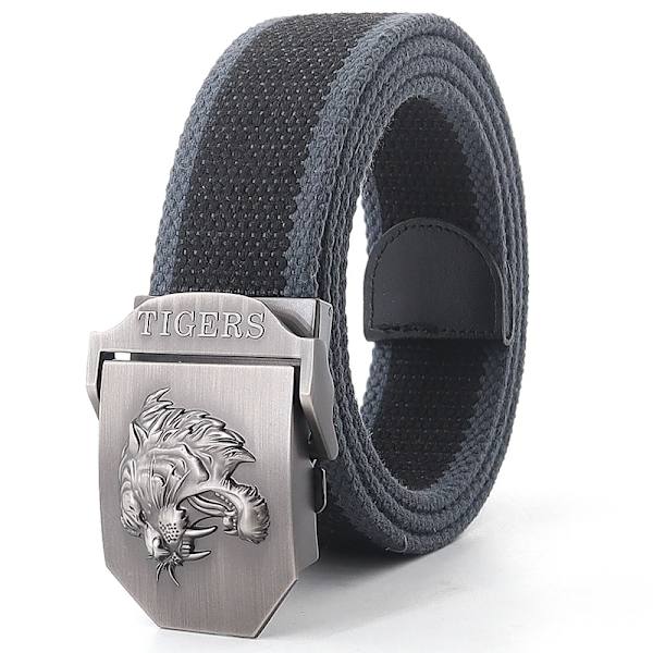 Ny canvas utomhus taktiskt armébälte 3D tigerhuvud Emblem metallspänne unisex jeansbälte för män Militärbälte Man sportrem Black dark gray edge 110cm