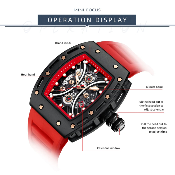 MINI FOCUS Toppmärke Lyx Herrklockor Sport Hollow Quartz Watch Herrmode Silikon Kreativ Vattentät Armbandsur Watch Red