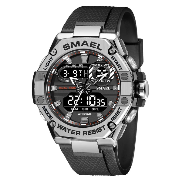 SMAEL Dual Time Röd Digital Watch Herr Militär Sport Chronograph Quartz Elektroniskt Armbandsur med Date Week Vattentät 8066 Silver Black