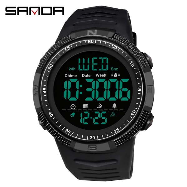 SANDA Fashion Military Herrklockor 50M Vattentät Watch för Man LED Elektroniska Armbandsur Relogio Masculino 6014 Black Gold