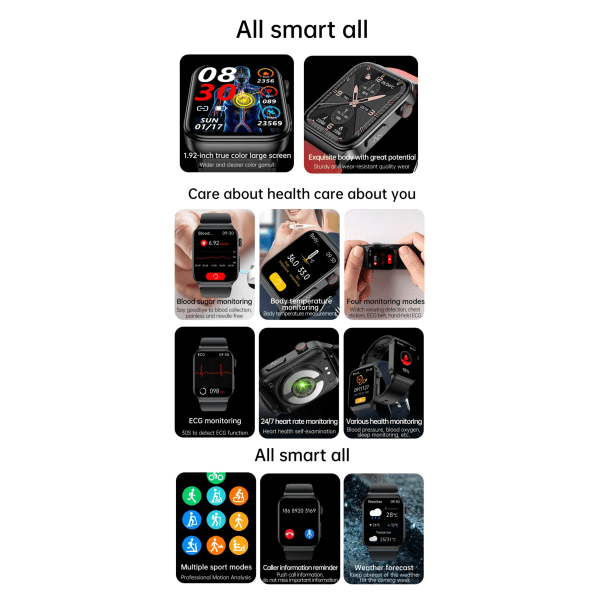 E500 Blodsocker Smart Watch EKG-övervakning Blodtryck Kroppstemperatur Smartwatch Män IP68 Vattentät Fitness Tracker as picture(.760)