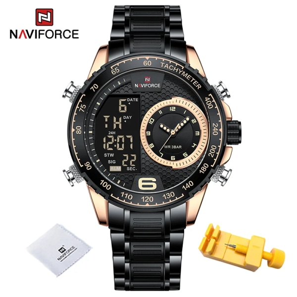 NAVIFORCE Lyx , Ny design watch för män, rostfritt stål, dubbla skärmar kvarts armbandsur Vattentät militär sport herrklocka RGB