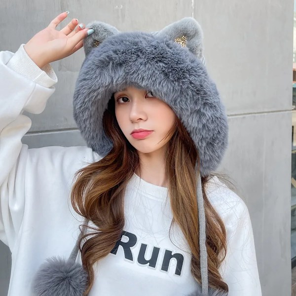 Cokk Vintermössor för Kvinnor Beanie Söta Kattungeöron Stickad Bonnet Femme Tjock Sammet Håll Varma Vintermössa Med Pompom Gorro Ny gray 55-59cm