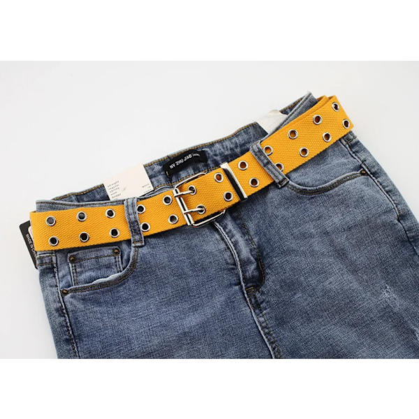 Dubbel genomföring Hål Spänne Bälte Bred Canvas Webbbälte Kvinna Man Svart Röd Vit Midjerem Bälten för Kvinnor Herr Jeans Yellow 105X3.8cm