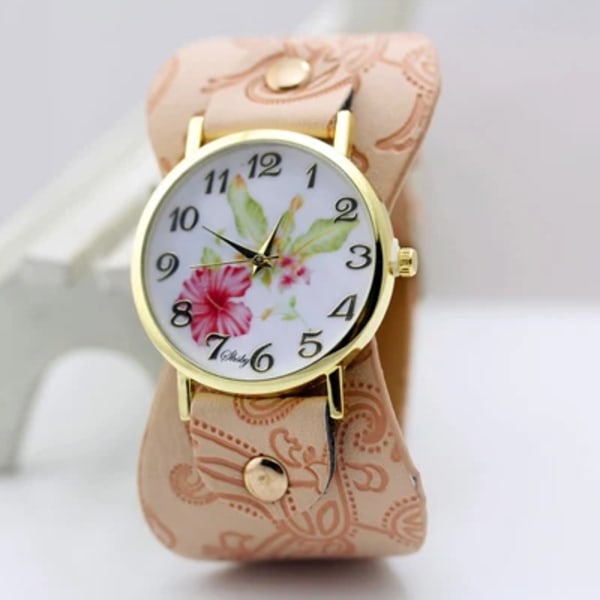 shsby Nyankomst Printed läderarmband Armbandsur Klänning med brett band Watch med blommor Mode Kvinnor Casual watch Pink
