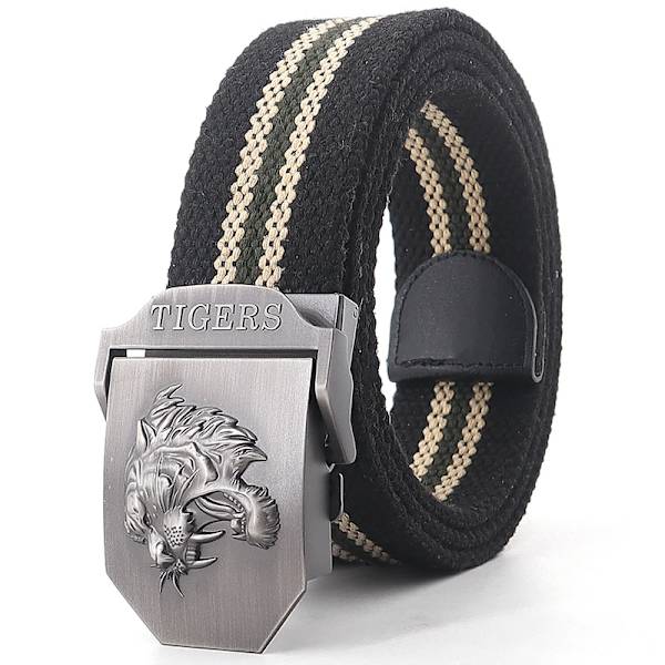 Ny canvas utomhus taktiskt armébälte 3D tigerhuvud Emblem metallspänne unisex jeansbälte för män Militärbälte Man sportrem Black stripes 110cm