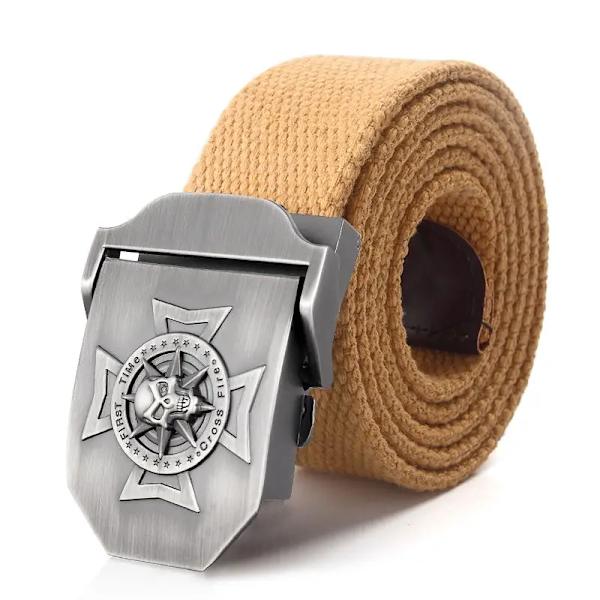 BOKADIAO Herr & Kvinnor Militär Canvas bälte lyxigt midjeband Skalle Cross Metal spänne jeans bälte Army taktiska bälten för manlig rem Khaki 100cm