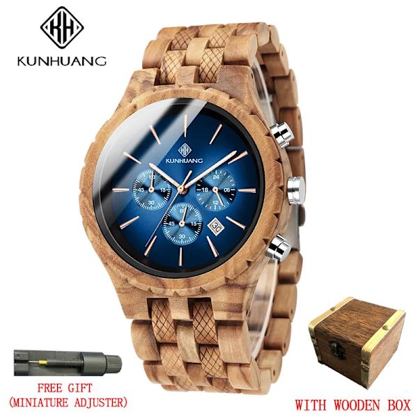 KUNHUANG Handgjord watch multifunktionsurtavla watch Lyxig lysande kronograf Custom Logo relógio masculino Yellow wood box