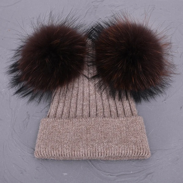Dubbel Pompom-mössa för kvinnor, vintermössor, stickade mössor, mössor, beanies, flickor, två pompom-mössa Brown match fur
