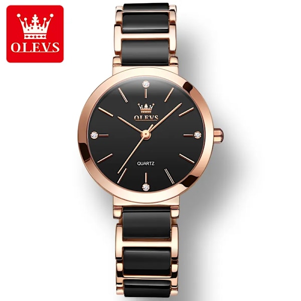 OLEVS Quartz högkvalitativa klockor för kvinnor Keramiskt band Vattentätt mode damarmbandsur Uppgraderingsversion med krona black