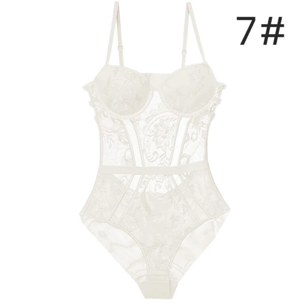 Body Dam sexiga underkläder Bodysuit Push Up Vadderad kopp med remmar rygg Bygel Blommig broderi Underkläder Underkläder i ett stycke 6613-Ivory 85D