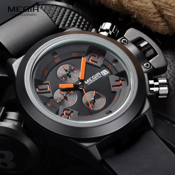 Megir Mode Silikonband för män Sport Kvartsarmbandsur Analog Display Chronograph Black Watch for Man with Calendar 2002 2002-White