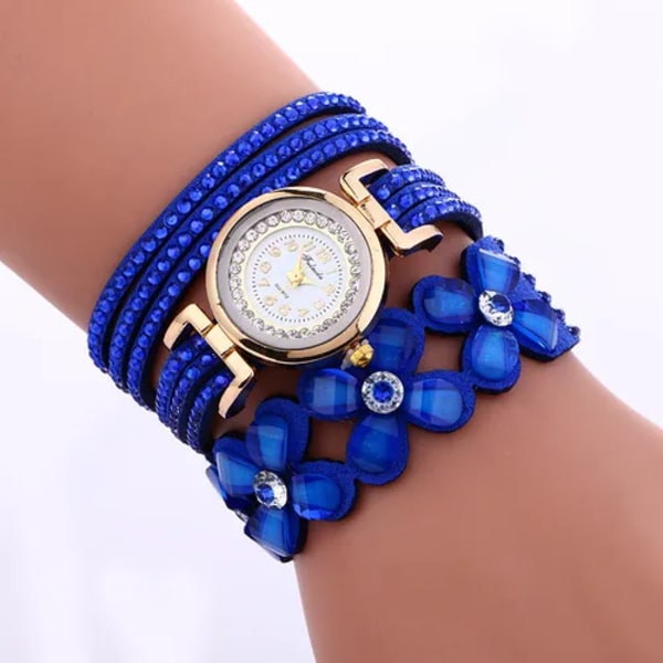 Märke Mode Dam Blomma Kristallklocka Watch Casual Lyx Läder Strassarmbandsklocka Watch Feminino Dark Blue