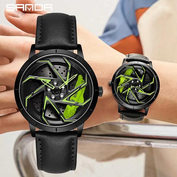 Mode Hot Sell Bilfälg Herr Klockor Rostfritt stål Vattentät watch 360 graders roterande hjul Fälgskiva Quartz Armbandsur Mesh bk green box