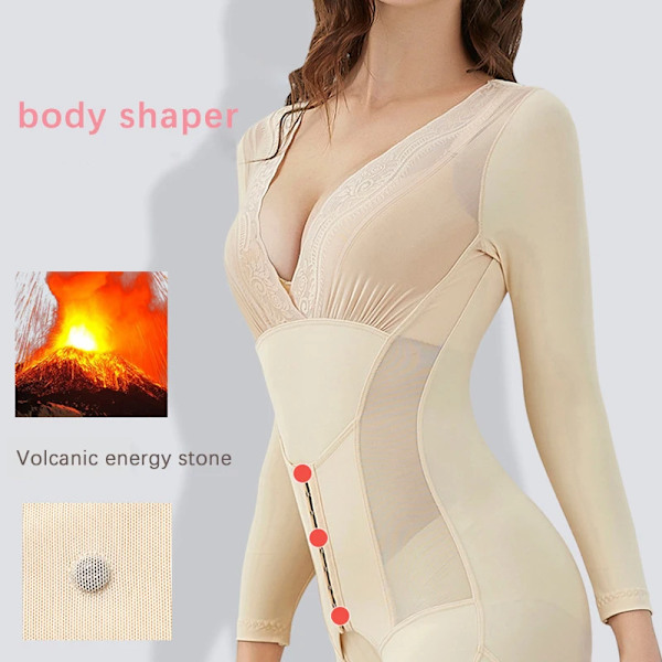 Hellängd Shapewear Bodysuits Kvinnor Kroppsformare Bantning Underkläder Spets V-ringad Sexig kropp Öppen gren Beige M
