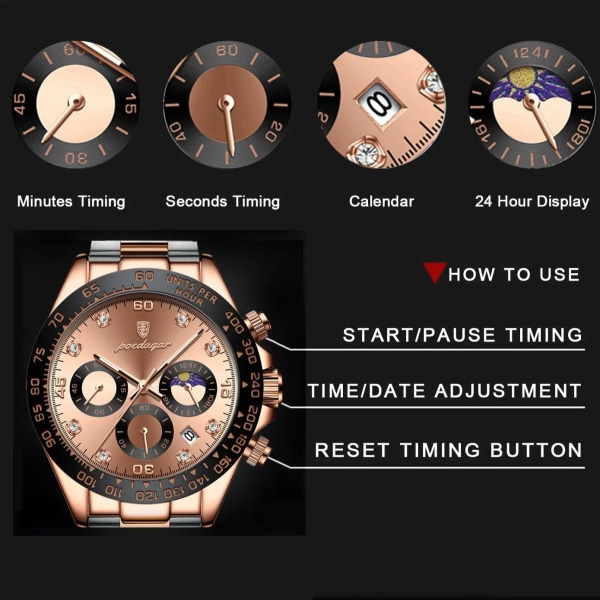 POEDAGAR Watch för män Kronograf Vattentät Lysande Date Man Armbandsur Rostfritt stål Herrklockor Quartz Clock+box Rose Gold Black S