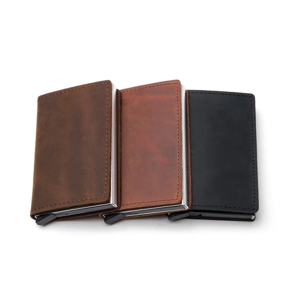 ZOVYVOL 2023 Ny RFID-korthållare i äkta läder Case Clutch Popup-plånbok Äkta läder Aluminiumlåda Tunna smarta plånböcker Brown YM010