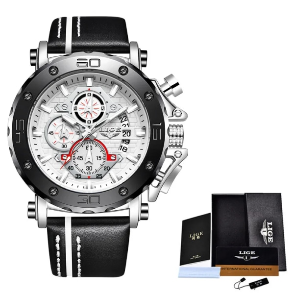 2023 Toppmärke LIGE Herrklockor Mode Sport Watch Herr Luxury Date Vattentät Quartz Chronograph Relogio Masculino+Box SIlver White