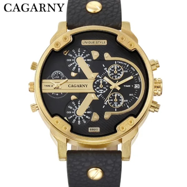 52MM Big Case Quartz Watch For Herr Elegant herrarmbandsur Vattentät Dual Time Displays Military relogio masculino manlig klocka Gold