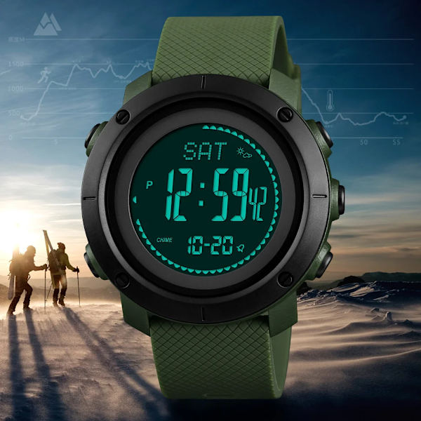 SKMEI Utomhussport 30M Simning Löpning Klättring Höjd Tryck Kompass Stegräknare Stoppur Military Army Electronic Watch ABS Dial Black