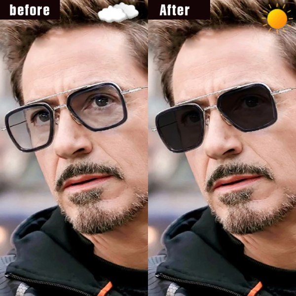 Toppkvalitet Tony Stark fyrkantiga solglasögon Fotokrom polariserade män glasögon Steampunk glasögon körglasögon zonnebril heren Silver-gray Original
