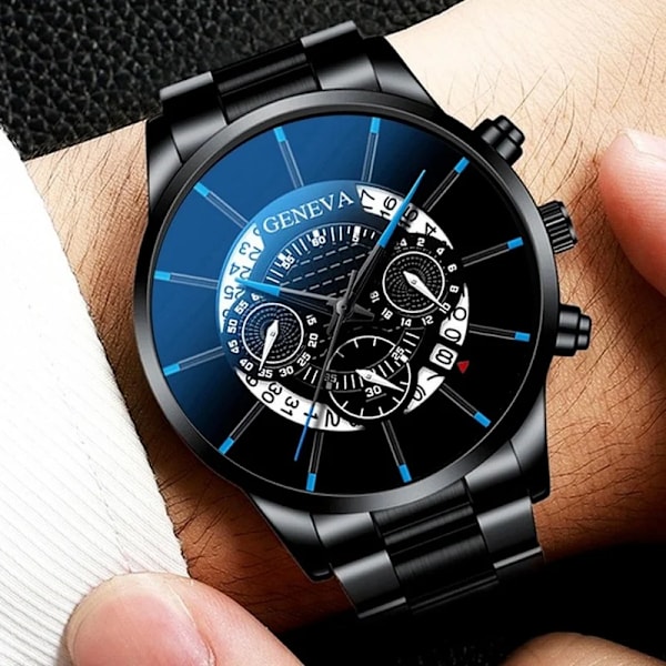 Herrklockor i rostfritt stål vattentät kalender watch Man lyxig affärsklänning watch för män mode manlig watch Black - Gold Pointer