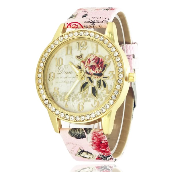 Mode Damklockor Kvinnor Printed Watch Lyx Casual Quartz Läder Watch Mode Kvinnlig Klänning Klockor Relogio Pink