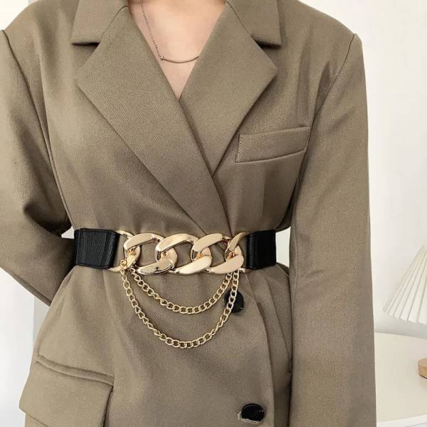 Lyxmärke Guldkedja Bälte Elastiskt silvermetall midjebälten för kvinnor högkvalitativ stretch damkappa Ketting Riem midjeband S without thin chain 70cm