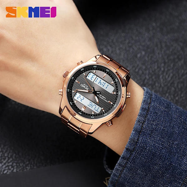 SKMEI klockor för män Business Rostfritt stål Lysande Vattentät Dual Display Manklocka Digitala klockor Relogio Masculino Rose Gold White