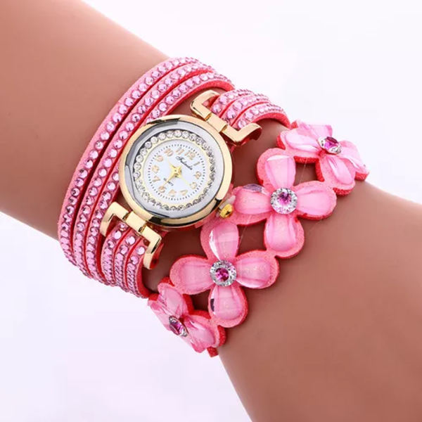 Märke Mode Dam Blomma Kristallklocka Watch Casual Lyx Läder Strassarmbandsklocka Watch Feminino Pink