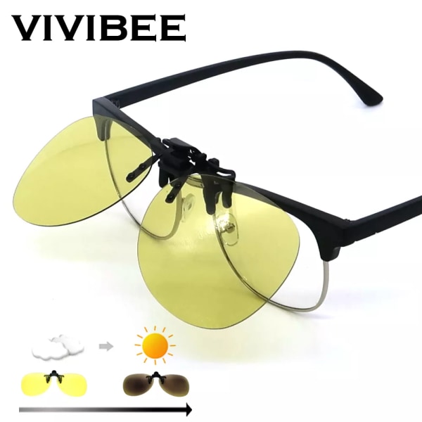 VIVIBEE Night Vision Flip Up Clip on Solglasögon Photochromic Män Gul färgbyte Pilotlins Körning Myopi Glasögonklämmor Square 2 With Case