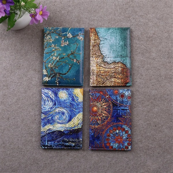 Utsökt konststil Pass Cover Van Gogh Stjärnhimmel Kvinnor Läder Passhållare Män Rese-ID Passplånbok Purple