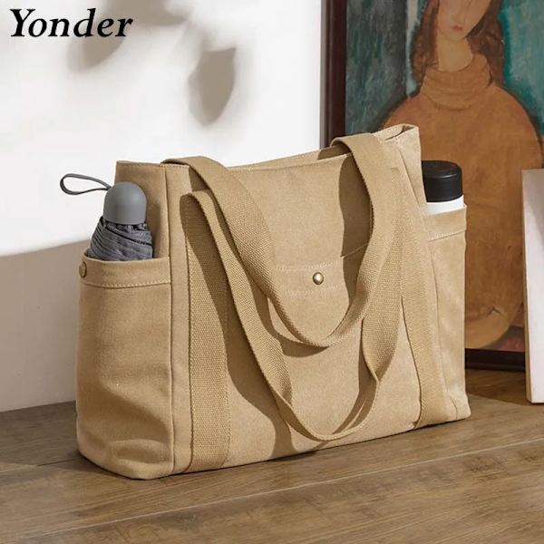 A4 Stor kvinnlig tygväska Canvas Tyg Axelväska Dam Stor Casual Canvas Bag Handväskor för kvinnor Skola Tonåring Damer Dark Gray