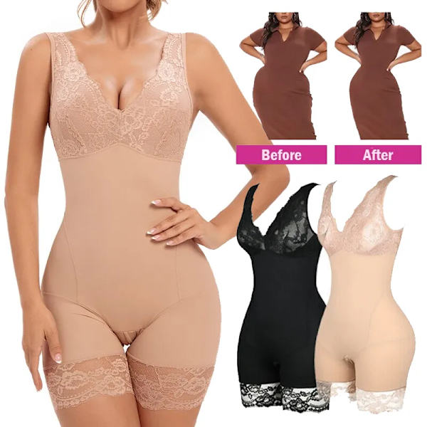 Kvinnor Spets Helkroppsformare Bodysuits Bantning Shapewear Korsett Waist trainer Shaping Underkläder Postpartum Recovery Slida Fajas Beige M