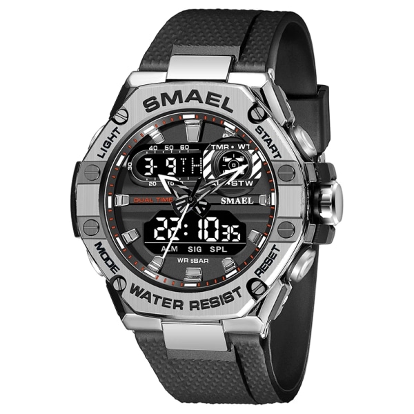 SMAEL Watch för män Dual Time Watch för män Led Light Watch Alarm 8066 Mode Sportklockor Military S Shiock Armbandsur SILVER