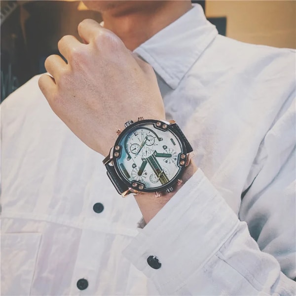 Nya Big Dial Klockor Herr Svart Brunt Läderband Hip-hop Military Army Quartz Armbandsur Manklocka Hodinky Relogio Masculino Brown Leather Black