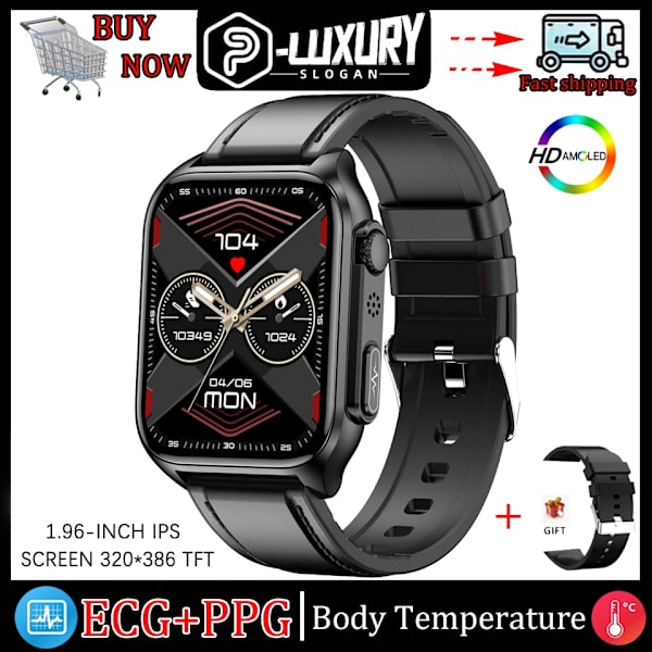 LYCKLIG EKG+PPG Smart Watch Män Laserbehandling av hypertoni Hyperglykemi Hyperlipidemi Puls Hälsosam Sport Smartwatch Black leather