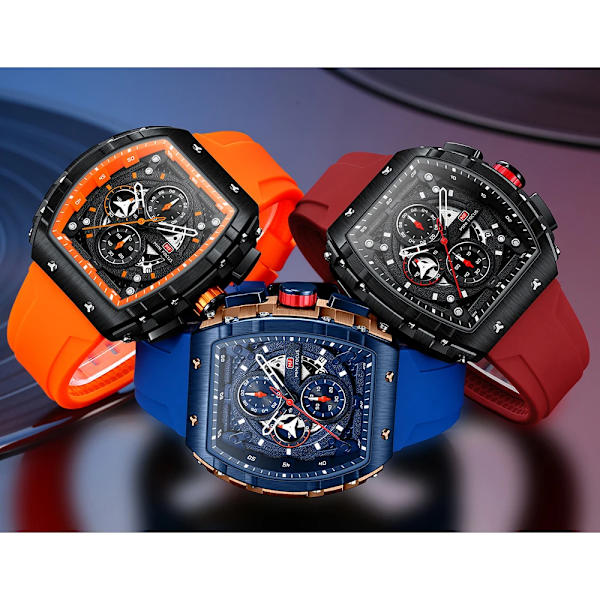 MINI FOCUS Quartz-klockor för herrkronograf analog armbandsur Student Tonneau Dial Militär silikonrem Ungdomssportklocka Red