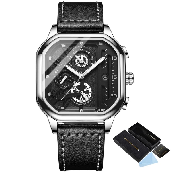 Square Chronograph 2023 Casual Fashion Watch för män Läderklocka Luxury Business Armbandsur Vattentät watch silver black box