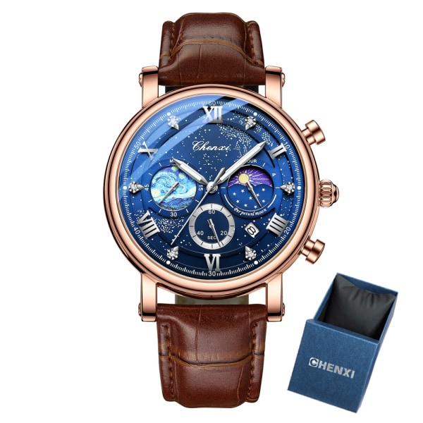 CHENXI Herrklockor Top Märke Lyx Läder Kronograf Watch För Herr Mode Date BusinessVattentät självlysande klocka RoseGold Blue Box