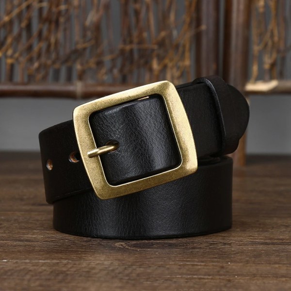 3,8 cm bredd tjock retro kohud bälte i äkta läder för män Massiv mässing kopparnål Spänne bälten herrrem för jeans Black 110cm