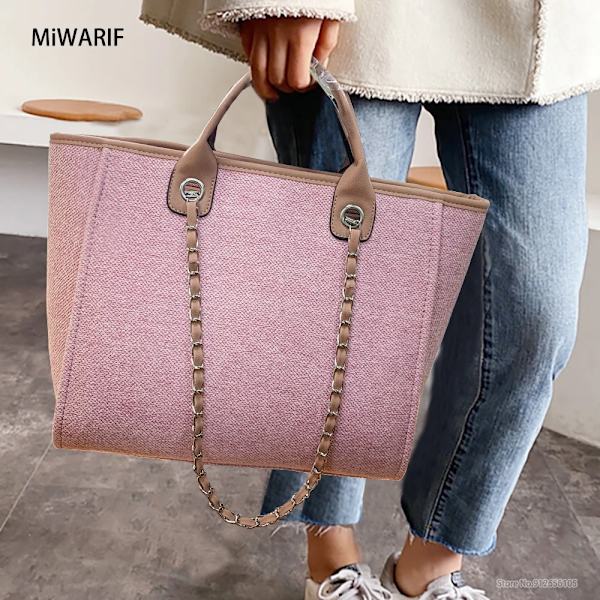 Dam Kedja Tygväska Designer Kvinnlig Axelväskor Casual Strand Canvas Fritid Handväskor Damväska Trend Medium Khaki