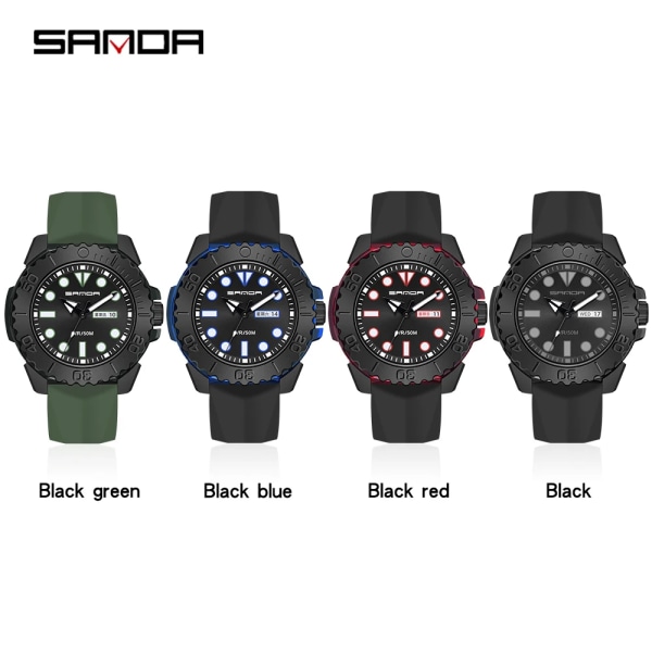 SANDA Brand Luxury New Herr Silikon Watch 50M Vattentät Datumkalender Business Quartz Klockor Relogio Masculino Black blue