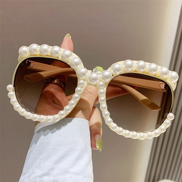 Mode Retro Hjärtformad Imitation Pearl Ram Solglasögon UV400 Dam Cat Eye Pink Eyewear Trendiga Beach Party Solglasögon Style B-beige 1 pair