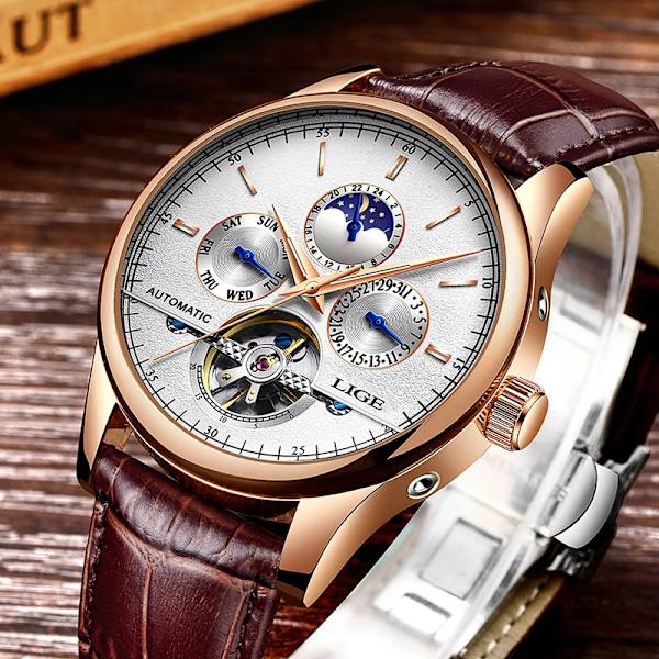 Relogio Masculin LIGE Nya Herrklockor Toppmärke Lyx Automatisk Mekanisk Watch Herr Läder Vattentät Watch Veckoklocka+låda Silver blue