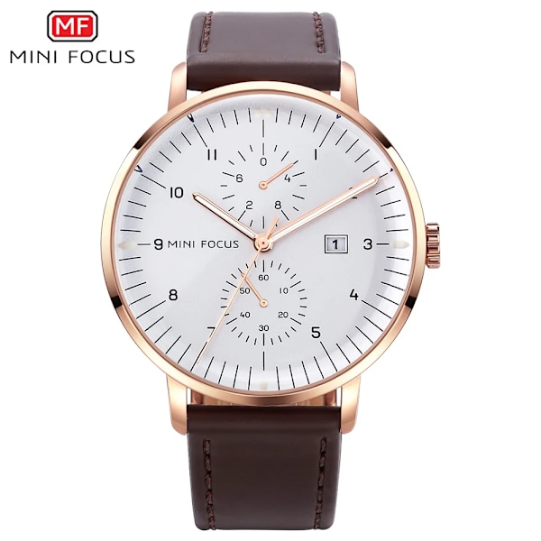 MINI FOCUS Mode Herrklockor Toppmärke Lyx Quartz Watch Date Window Armbandsur Brun Äkta läderrem reloj hombre BN RG WHITE