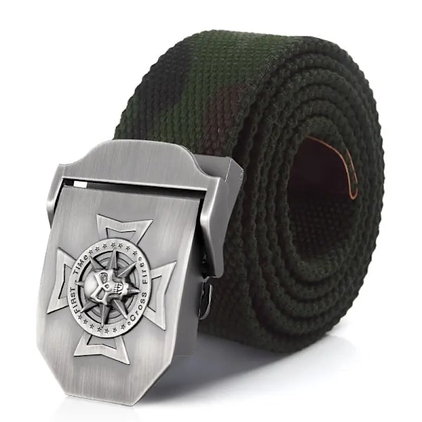 BOKADIAO Herr & Kvinnor Militär Canvas bälte lyxigt midjeband Skalle Cross Metal spänne jeans bälte Army taktiska bälten för manlig rem Khaki stripe 100cm