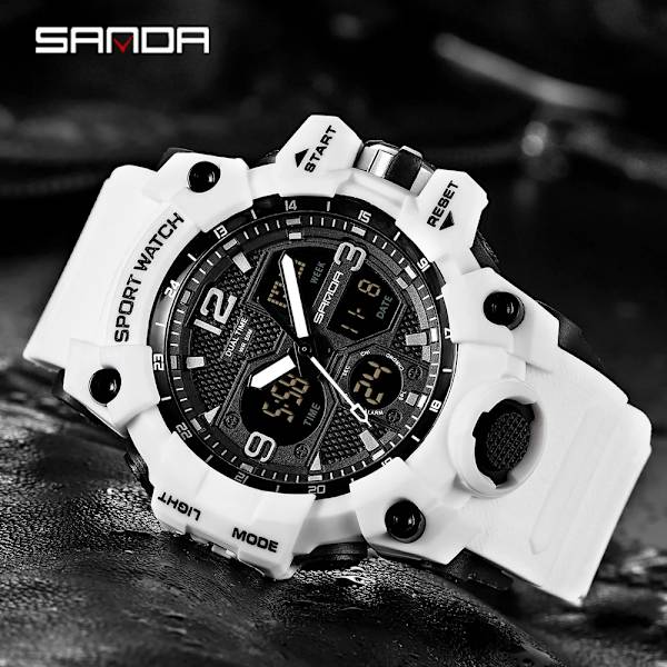 SANDA Herr Militärklockor Vit watch LED Digital 50M vattentät watch Manklocka Relogio Masculino 942 Ms White