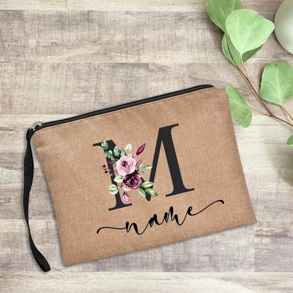 Personligt namn Kvinnor Sminkväska Alfabet Blommor Canvas Kosmetiska fodral Handväska Utomhusfest Bröllopspresenter Kawaii Makeup D4blackfH