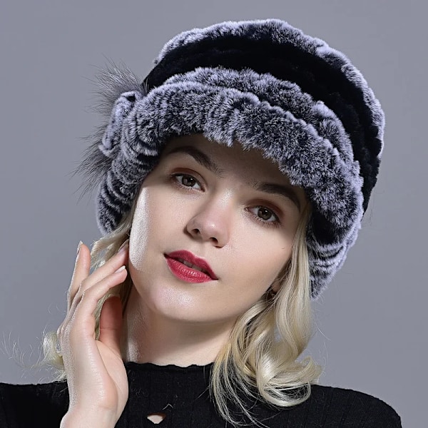 RaglaidoCap Mössor för Kvinnor Vinter FloralRex Hatt Elastiska Mössor Varma Mode Dam Snöhatt Lq11205 grey white